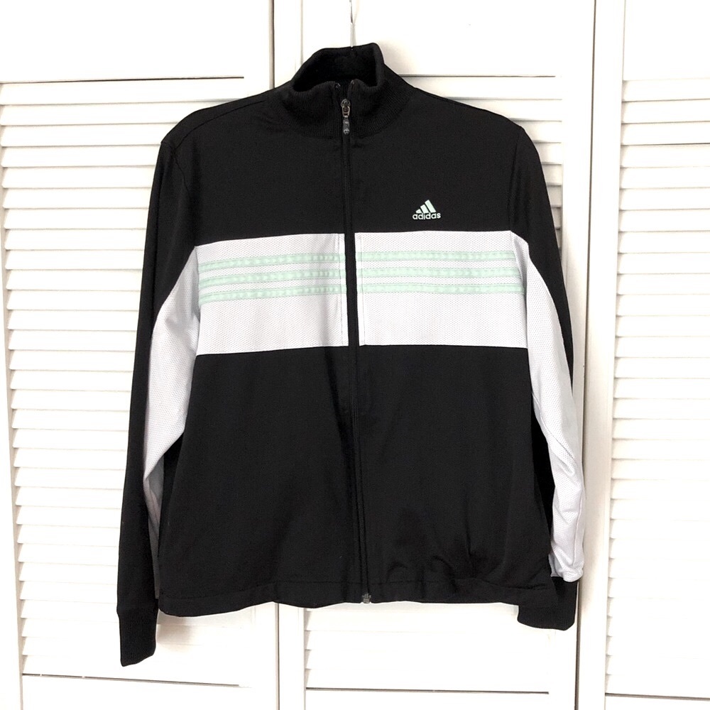 Adidas Womens Track Jacket - Black White Mint Green Stripes Size Large